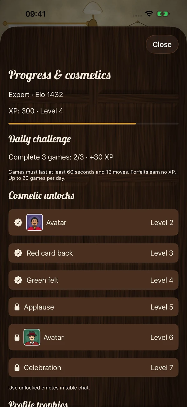 Elo rank, daily XP challenge and cosmetic unlocks
