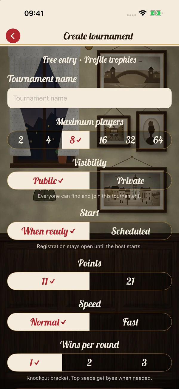 Create a public or private tournament with profile trophies